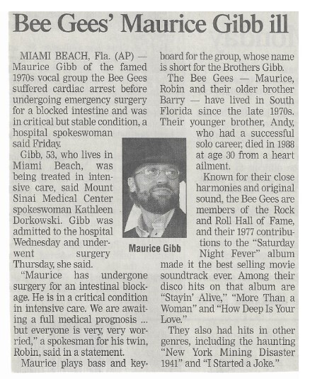 Bee Gees / Bee Gees&#39; Maurice Gibb Ill | Newspaper Article | January 2003