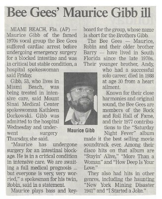 Bee Gees / Bee Gees&#39; Maurice Gibb Ill | Newspaper Article | January 2003
