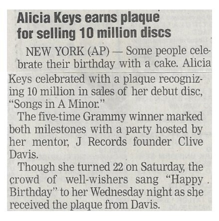 Keys, Alicia / Earns Plaque for Selling 10 Million Discs | Newspaper Article | January 2003