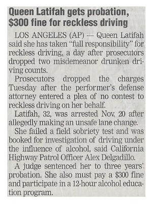 Queen Latifah / Gets Probation, $300 Fine for Reckless Driving | Newspaper Article | Janauary 2003