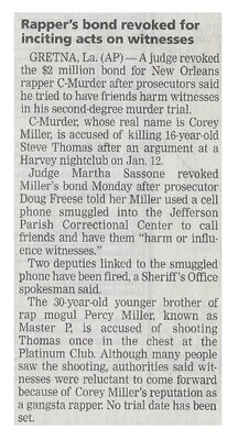 C-Murder / Rapper&#39;s Bond Revoked for Inciting Acts On Witnesses | Newspaper Article | May 2002