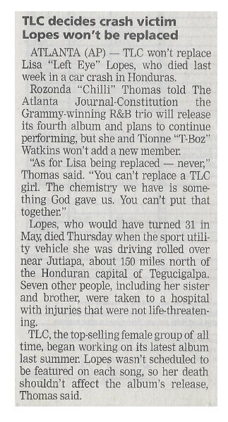 TLC / TLC Decides Crash Victim Lopes Won&#39;t Be Replaced | Newspaper Article | May 2002