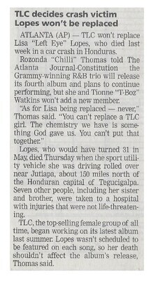 TLC / TLC Decides Crash Victim Lopes Won&#39;t Be Replaced | Newspaper Article | May 2002