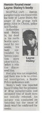 Alice In Chains / Heroin Found Near Layne Staley&#39;s Body | Newspaper Article | April 2002