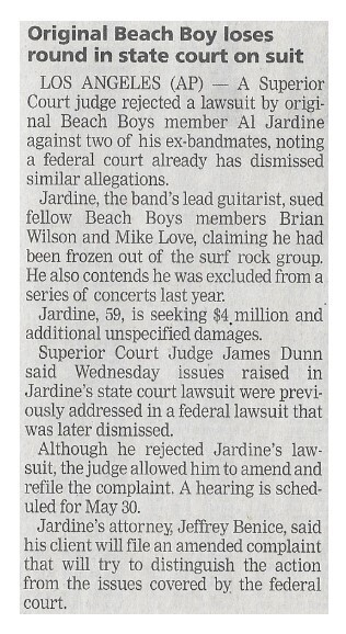 Beach Boys, The / Original Beach Boy Loses Round in State Court On Suit | Newspaper Article | April 2002