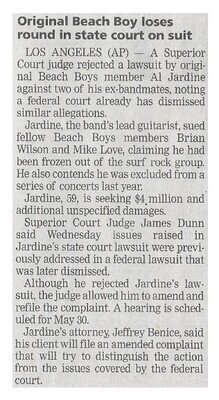 Beach Boys, The / Original Beach Boy Loses Round in State Court On Suit | Newspaper Article | April 2002