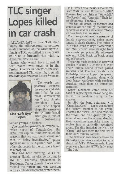 TLC / TLC Singer Lopes Killed in Car Crash | Newspaper Article | April 2002