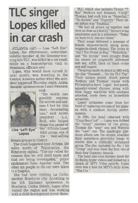 TLC / TLC Singer Lopes Killed in Car Crash | Newspaper Article | April 2002