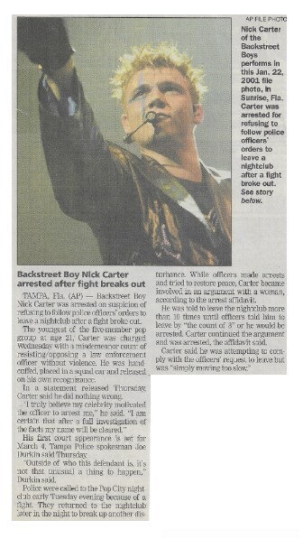Backstreet Boys / Nick Carter Arrested After Fight Breaks Out | Newspaper Article | January 2002