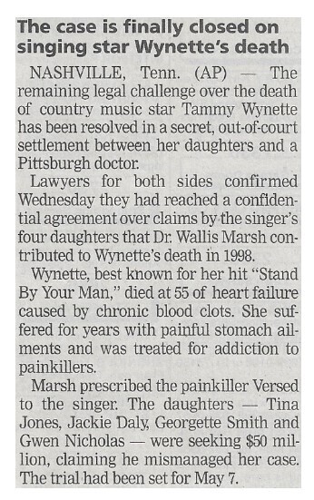 Wynette, Tammy / The Case is Finally Closed On Singing Star Wynette&#39;s Death | Newspaper Article | April 2002