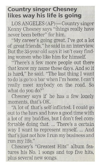 Chesney, Kenny / Country Singer Chesney Likes Way His Life is Going | Newspaper Article | January 2002