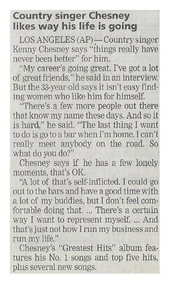 Chesney, Kenny / Country Singer Chesney Likes Way His Life is Going | Newspaper Article | January 2002