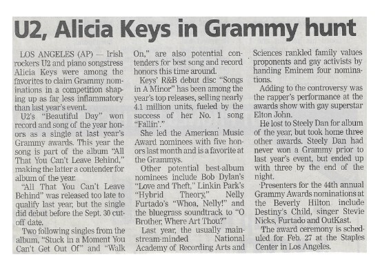 U2 / U2, Alicia Keys in Grammy Hunt | Newspaper Article | January 2002