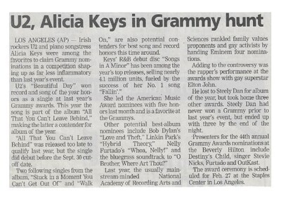 U2 / U2, Alicia Keys in Grammy Hunt | Newspaper Article | January 2002