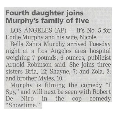 Murphy, Eddie / Fourth Daughter Joins Murphy&#39;s Family of Five | Newspaper Article | January 2002