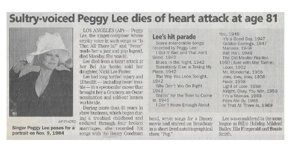 Lee, Peggy / Sultry-Voiced Peggy Lee Dies of Heart Attack at Age 81 | Newspaper Article | January 2002
