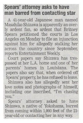 Spears, Britney / Spears&#39; Attorney Asks to Have Man Barred from Contacting Star | Newspaper Article | December 2002