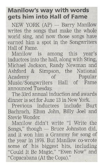 Manilow, Barry / Manilow&#39;s Way with Words Gets Him Into Hall of Fame | Newspaper Article | February 2002