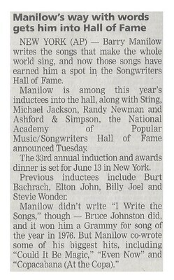 Manilow, Barry / Manilow&#39;s Way with Words Gets Him Into Hall of Fame | Newspaper Article | February 2002