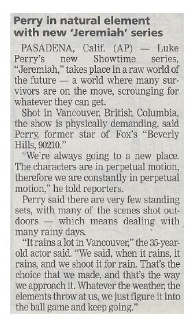 Perry, Luke / Perry in Natural Element with New Jeremiah Series | Newspaper Article | February 2002