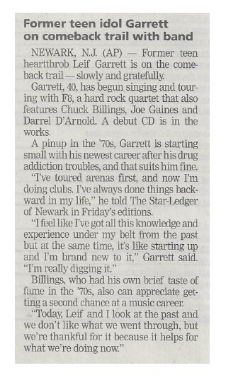 Garrett, Leif / Former Teen Idol Garrett On Comeback Trail with Band | Newspaper Article | February 2002