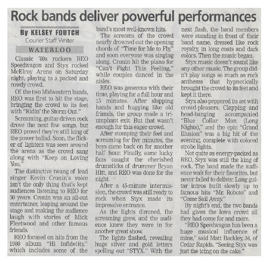 REO Speedwagon / Rock Bands Deliver Powerful Performances | Newspaper Review | February 2002 | with Styx
