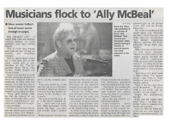 John, Elton / Musicians Flock to Ally McBeal | Newspaper Article | February 2002