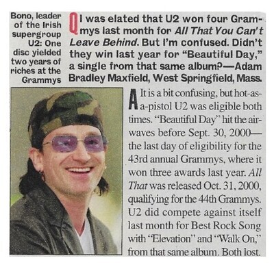 U2 / U2 Won Four Grammys | Magazine Article | March 2002