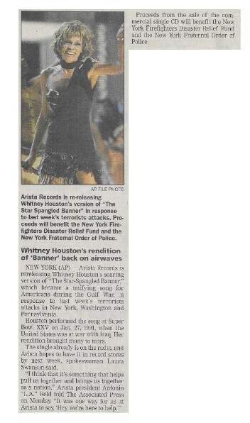 Houston, Whitney / Rendition of &#39;Banner&#39; Back on Airwaves | Newspaper Article | September 2001