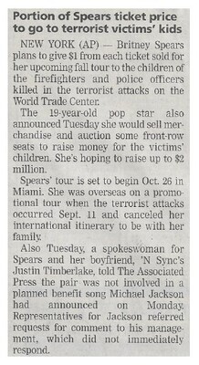 Spears, Britney / Portions of Spears Ticket Price to Go to Terrorist Victims' Kids / 2001