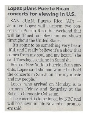 Lopez, Jennifer / Lopez Plans Puerto Rican Concerts for Viewing in U.S. | Newspaper Article | September 2001