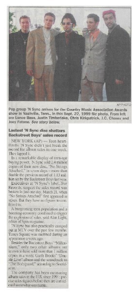 NSYNC / Latest N Sync Disc Shatters Backstreet Boys&#39; Sales Record | Newspaper Article | March 2000