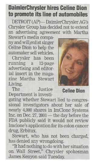 Dion, Celine / Daimler Chrysler Hires Celine Dion to Promote Its Line of Automobiles | Newspaper Article | January 2003