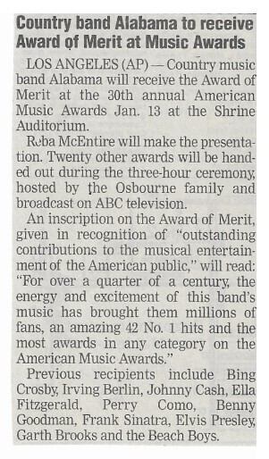 Alabama / Country Band Alabama to Receive Award of Merit at Music Awards | Newspaper Article | January 2003