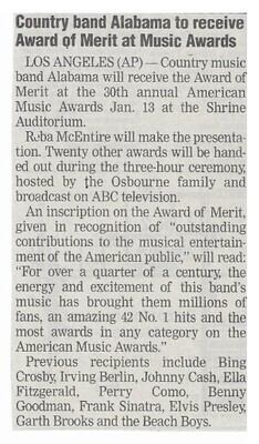 Alabama / Country Band Alabama to Receive Award of Merit at Music Awards | Newspaper Article | January 2003