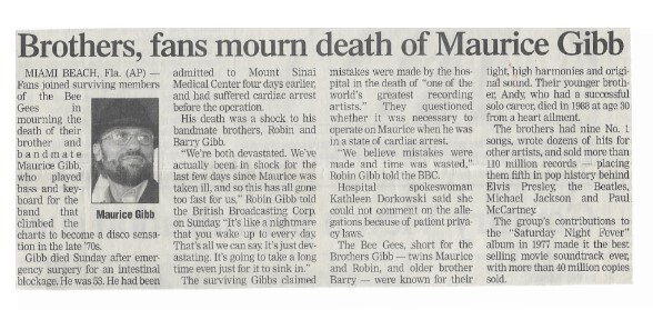 Bee Gees / Brothers, Fans Mourn Death of Maurice Gibb | Newspaper Article | January 2003