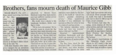 Bee Gees / Brothers, Fans Mourn Death of Maurice Gibb | Newspaper Article | January 2003