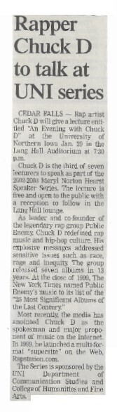 Chuck D / Rapper Chuck D to Talk at UNI Series | Newspaper Article | January 2003