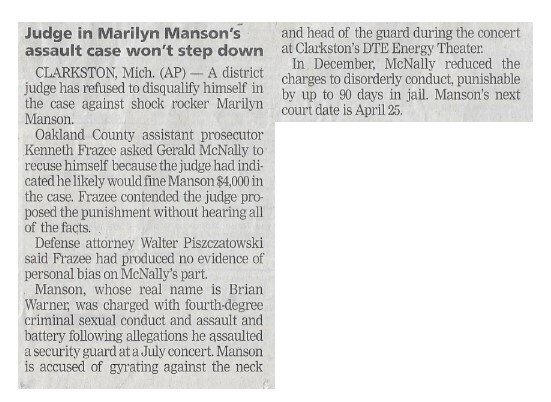 Marilyn Manson / Judge in Assault Case Won&#39;t Step Down | Newspaper Article | March 2002