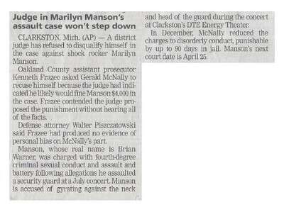 Marilyn Manson / Judge in Assault Case Won't Step Down | Newspaper Article | March 2002