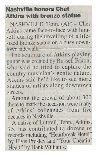 Atkins, Chet / Nashville Honors Chet Atkins with Bronze Statue | Newspaper Article | January 2000