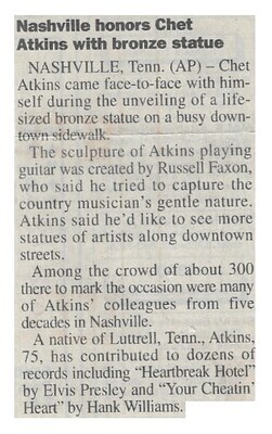 Atkins, Chet / Nashville Honors Chet Atkins with Bronze Statue | Newspaper Article | January 2000