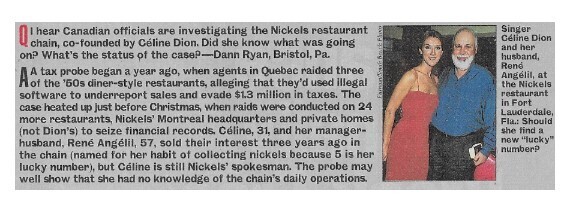 Dion, Celine / Investigating Nickels Restaurant Chain | Magazine Article | March 2000