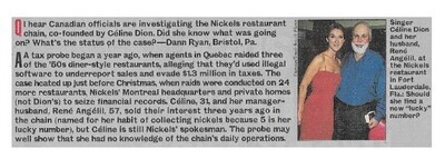 Dion, Celine / Investigating Nickels Restaurant Chain | Magazine Article | March 2000