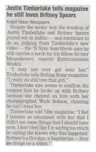 Timberlake, Justin / Tells Magazine He Still Loves Britney Spears | Newspaper Article | January 2003