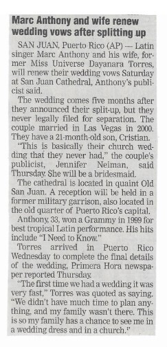 Anthony, Marc / Marc Anthony and Wife Renew Wedding Vows After Splitting Up | Newspaper Article | December 2002