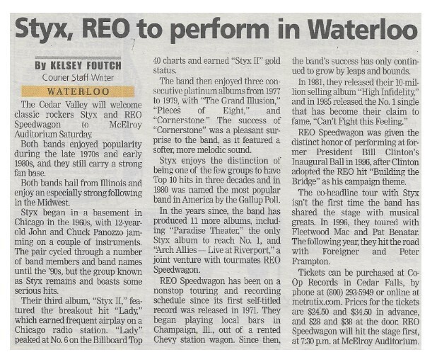 Styx / Styx, REO to Perform in Waterloo / 2002