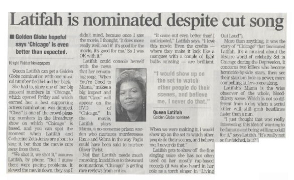 Queen Latifah / Latifah is Nominated Despite Cut Song | Newspaper Article | January 2003
