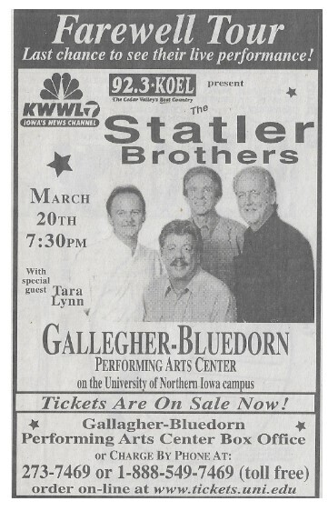 Statler Brothers, The / Cedar Falls, IA (Gallagher-Bluedorn) | Newspaper Ad | March 2002