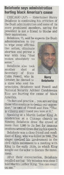 Belafonte, Harry / Belafonte Says Administration Hurting Black America&#39;s Cause | Newspaper Article | January 2003
